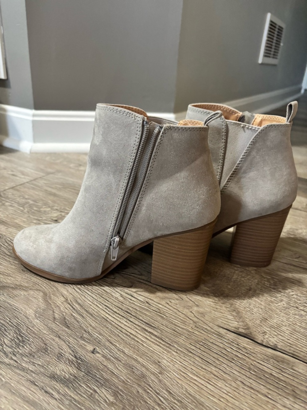 Express Gray Suede Stacked Heel Ankle Booties
